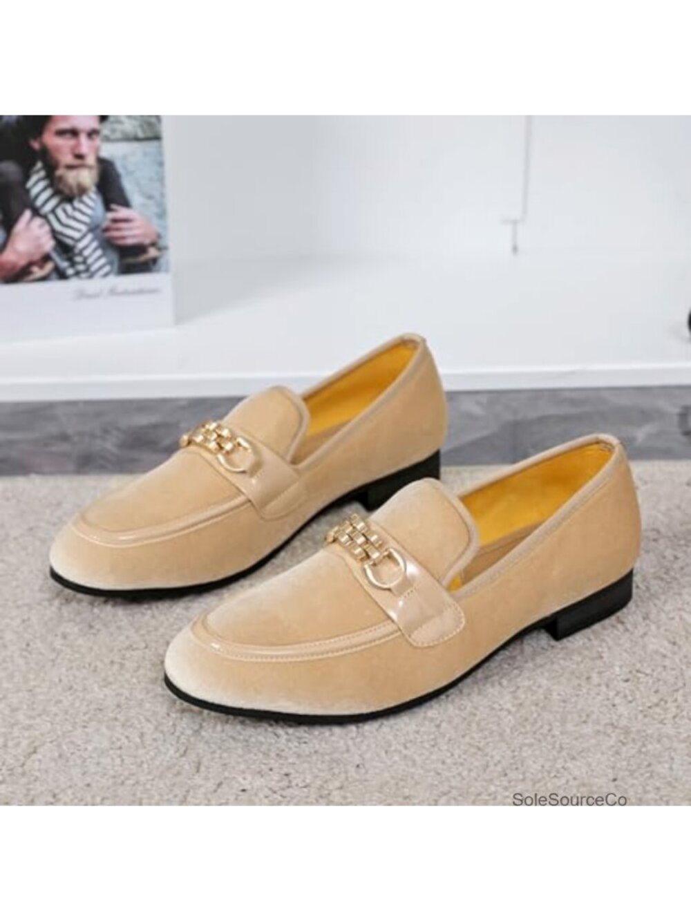 Men's Velvet Loafers Slip-On Dress Shoes with Gold Horsebit - Picture 5 of 6